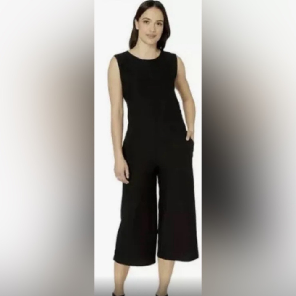 EILEEN FISHER Sz PL Wide Leg Crop Jumpsuit Jersey Knit Zipper Closure Sleeveless